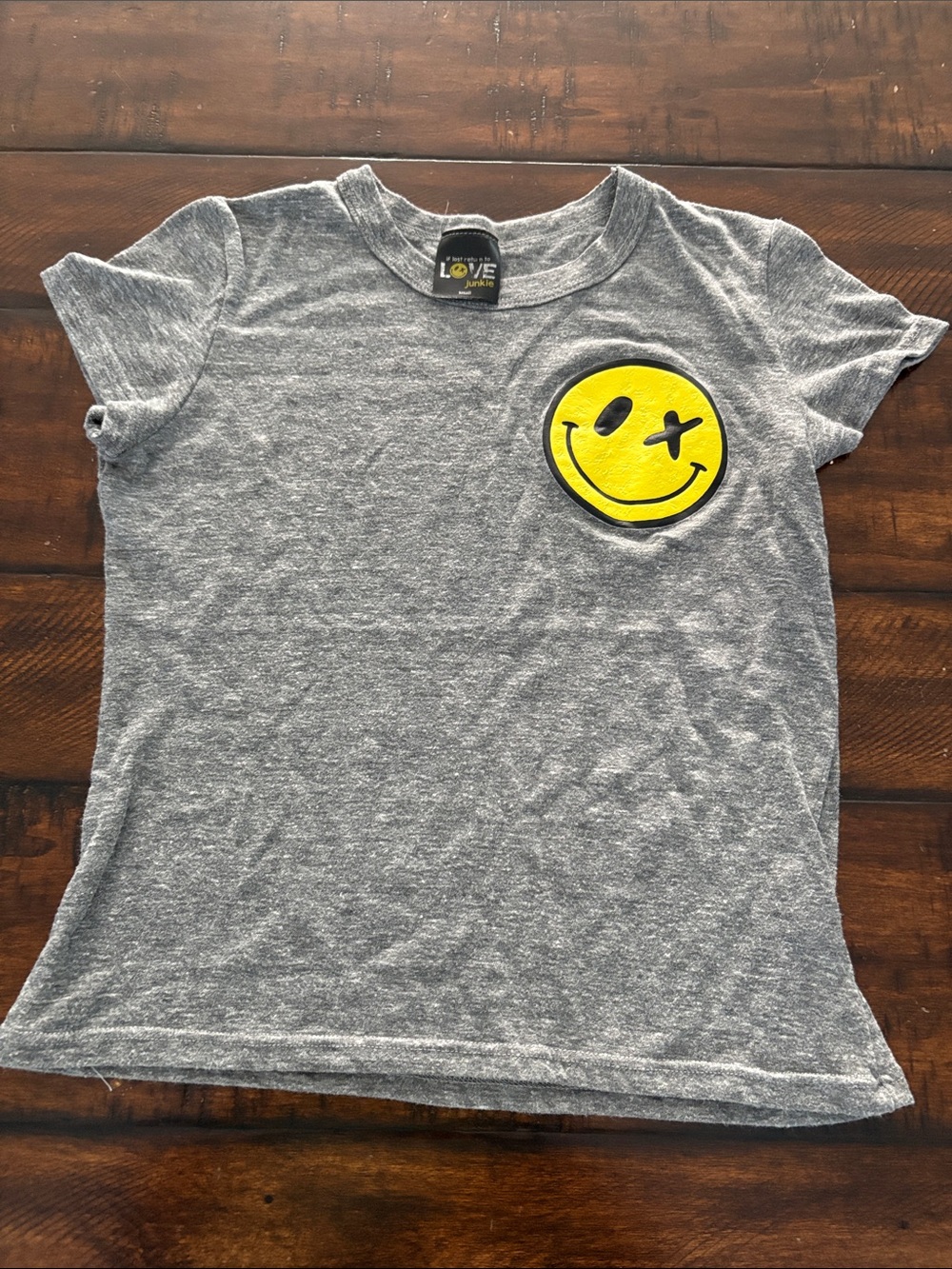love J Heather Gray Short Sleeve Tee with Yellow Smiley Patch